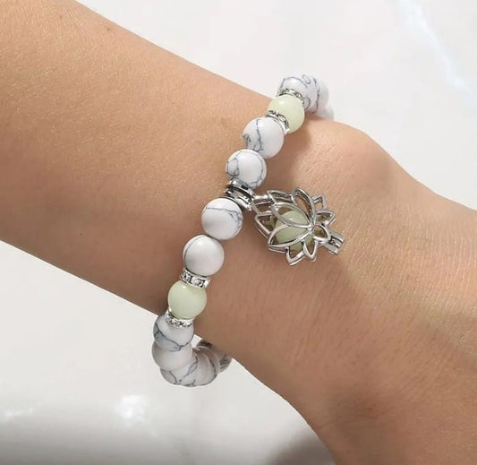 White Glow Bead Lotus Charm Bracelet