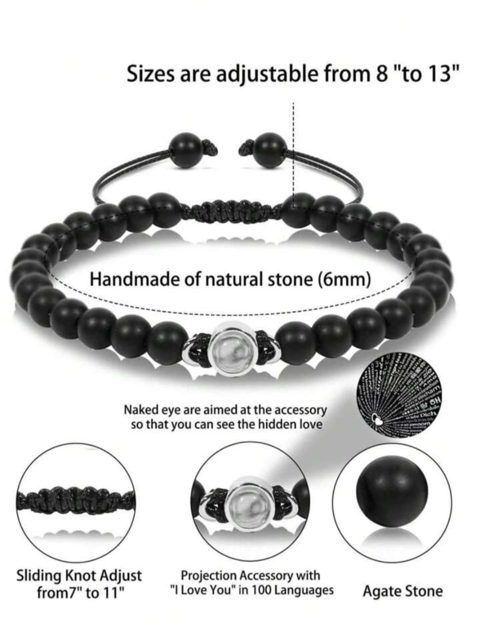 "I Love You" in 100 Languages – Matte Black Projection Bracelet