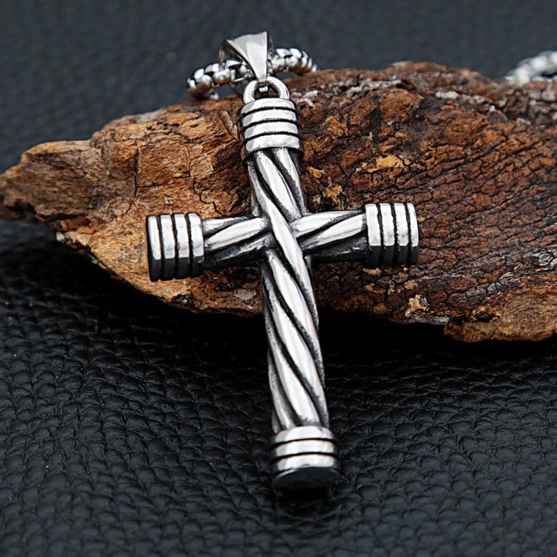 Men’s Steel Cable Cross Pendant – Rugged Industrial Necklace