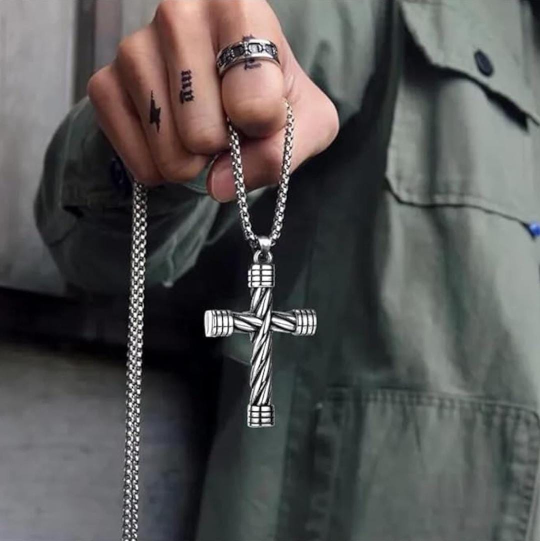Men’s Steel Cable Cross Pendant – Rugged Industrial Necklace