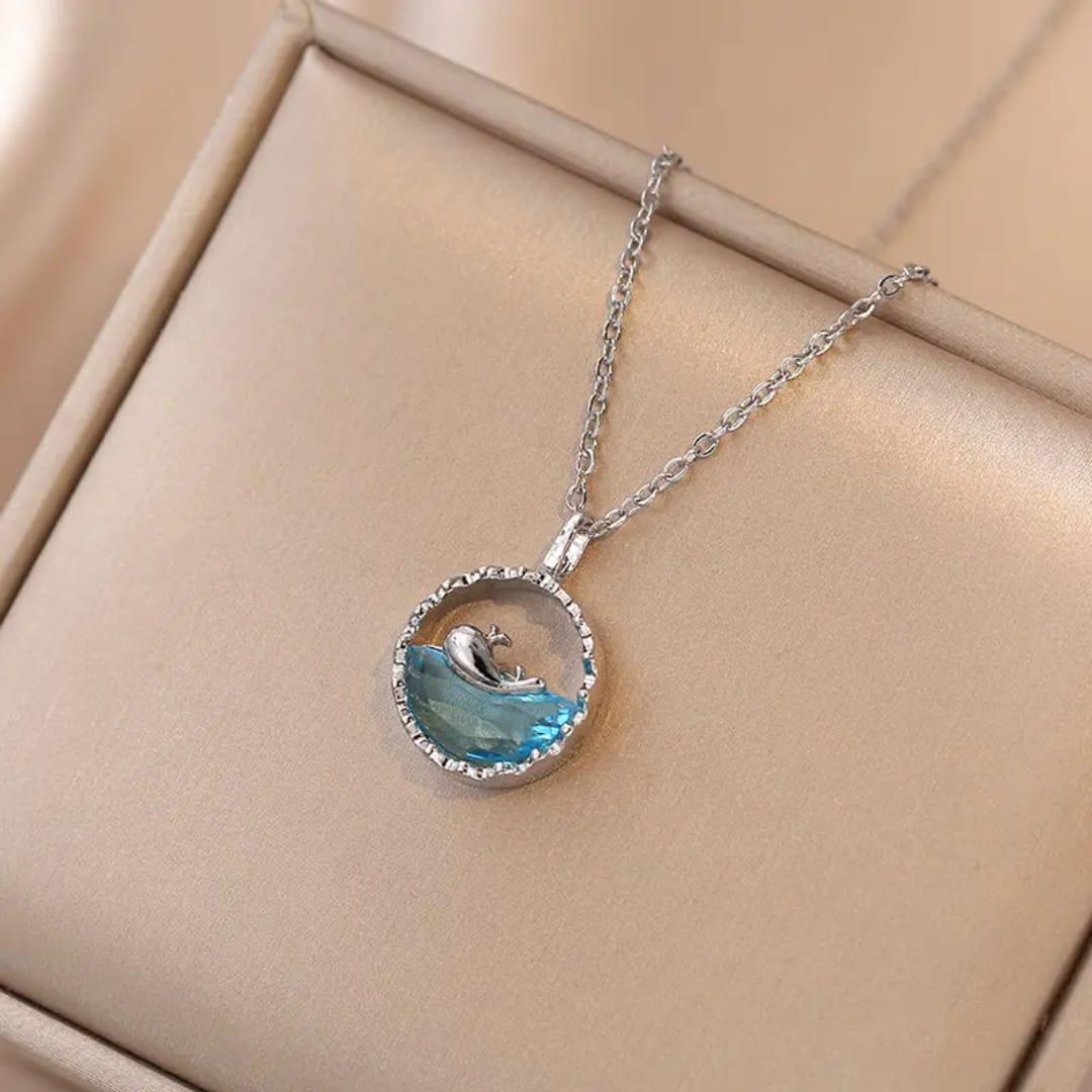 Ocean Wave & Dolphin Pendant Necklace – Serenity in Silver