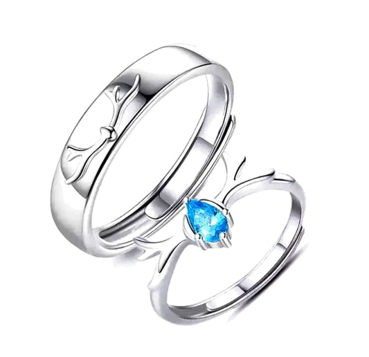 Couple Ring - Antler Love Couple Ring Set – Silver with Blue Teardrop Crystal