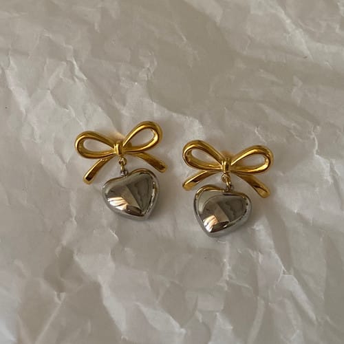 Gold Bow & Heart Drop Earrings