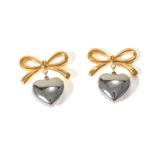 Gold Bow & Heart Drop Earrings