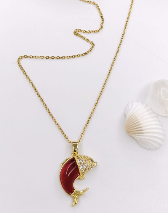 🐟 Elegant Gold Fish Pendant Necklace with Red & CZ Accents ✨