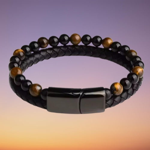 Men’s Braided Leather & Tiger Eye Bead Bracelet – Dual Layer