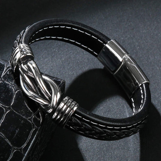 Twist Knot Dual Texture Black Leather Bracelet for Men