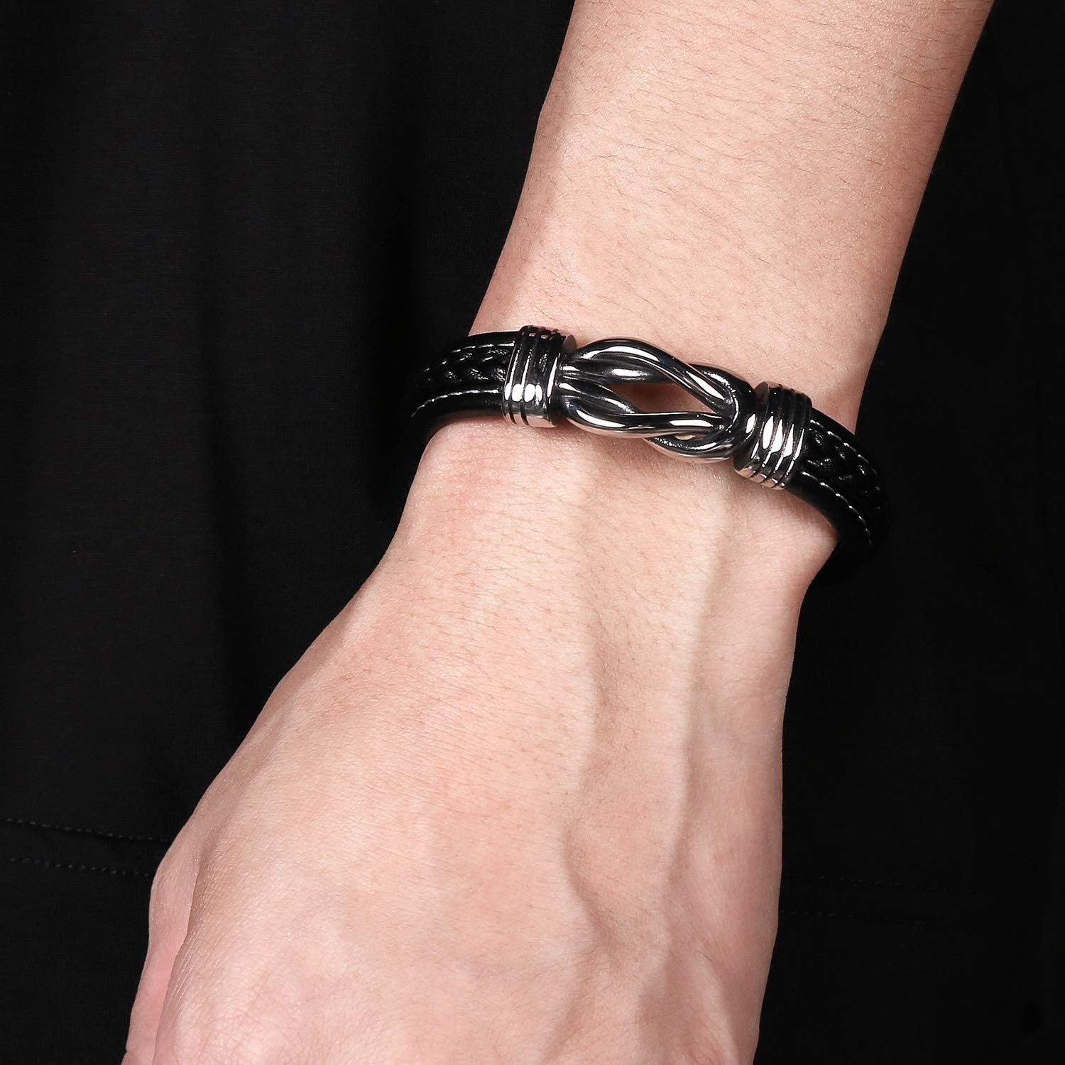 Twist Knot Dual Texture Black Leather Bracelet for Men