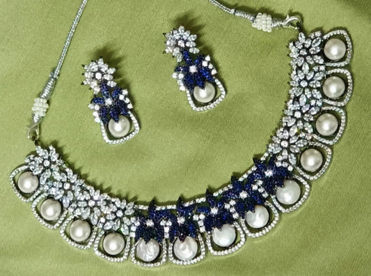 Celestial Pearl & Sapphire Blue Royal Choker Set