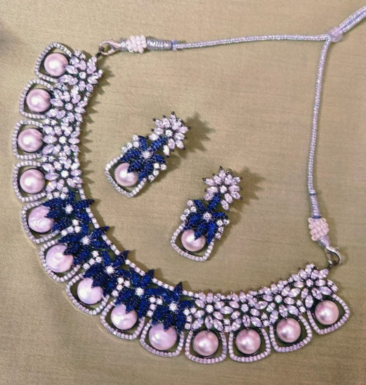 Celestial Pearl & Sapphire Blue Royal Choker Set