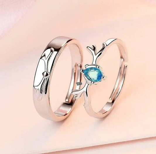 Couple Ring - Antler Love Couple Ring Set – Silver with Blue Teardrop Crystal