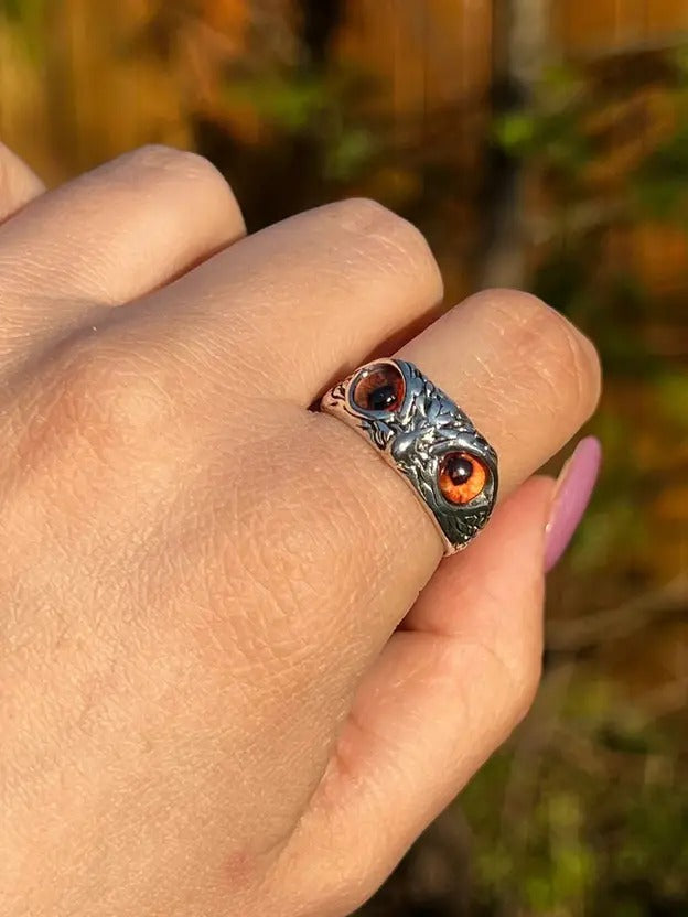 Inferno Gaze Owl Ring – Silver with Fiery Orange Eyes