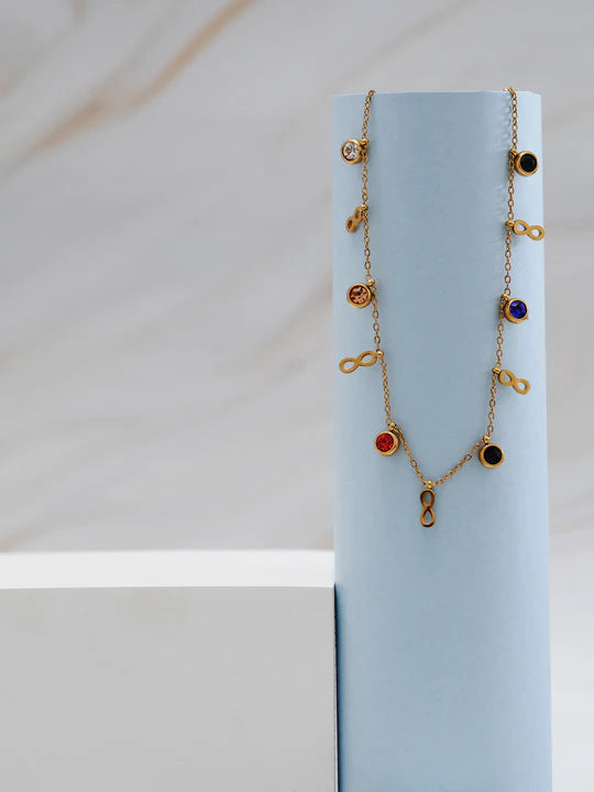Elegant Infinity Charm Necklace with Multicolor Accents – Gold Finish