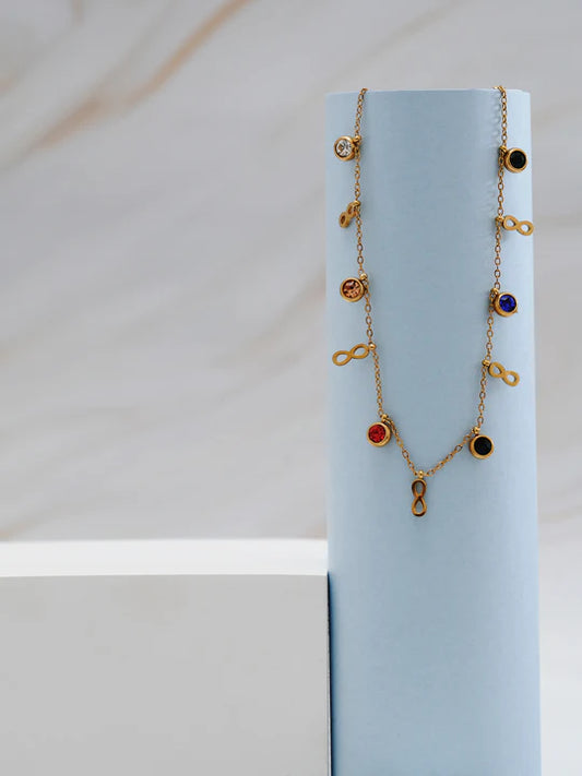 Elegant Infinity Charm Necklace with Multicolor Accents – Gold Finish