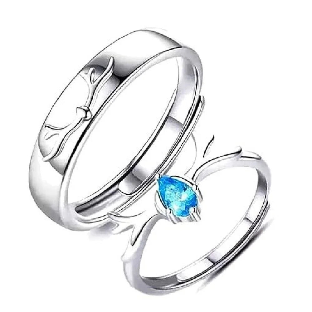 Couple Ring - Antler Love Couple Ring Set – Silver with Blue Teardrop Crystal