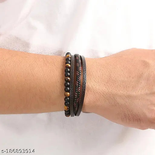 Brown Leather Bracelet with Matte Black & Tiger Eye Beads