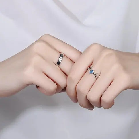Couple Ring - Antler Love Couple Ring Set – Silver with Blue Teardrop Crystal