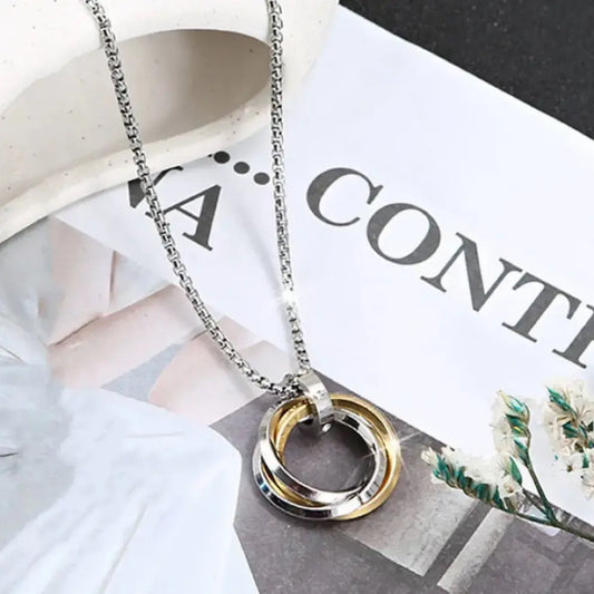 Unisex Interlocking Rings Necklace – Silver & Gold Stainless Steel Pendant