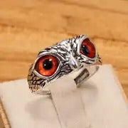 Inferno Gaze Owl Ring – Silver with Fiery Orange Eyes
