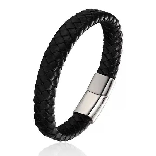 Classic Black Braided Leather Bracelet with Silver Clasp – Minimalist Style