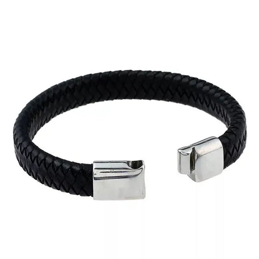 Classic Black Braided Leather Bracelet with Silver Clasp – Minimalist Style