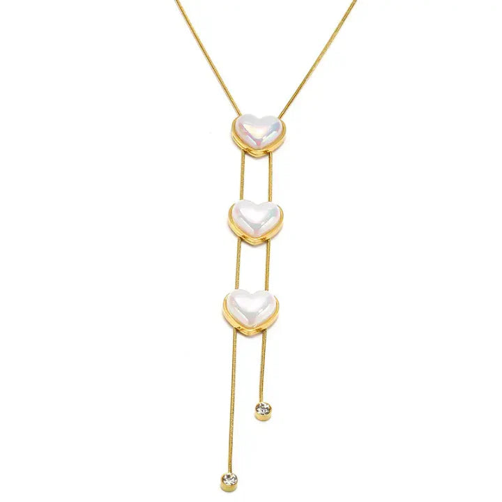 Elegant Triple Heart Pearl Pendant Necklace